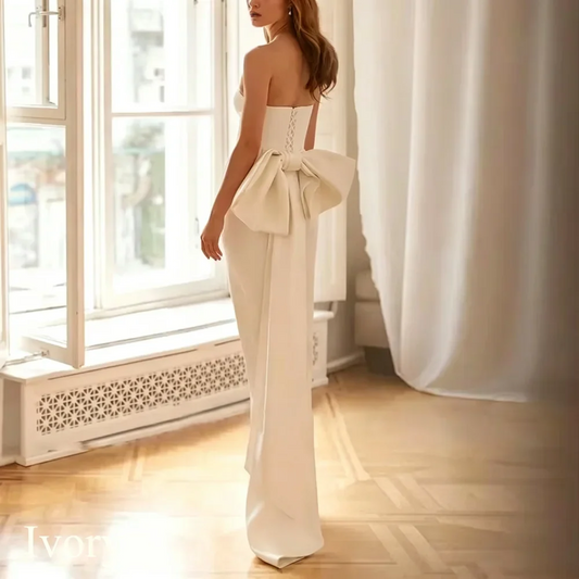 Customized Simple Sexy Wedding Dress Mermaid Backless With Bow Pleat Satin Bridal Gown Strapless Sleeveless Mid-Calf Court Train