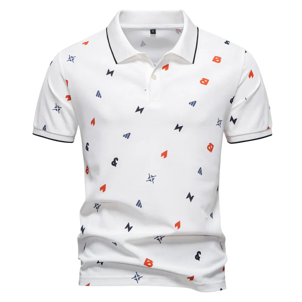2025 Summer New Men's Solid Color Polo Shirt with Printed Turn-Down Collar Casual Slim Fit Breathable Comfortable Top