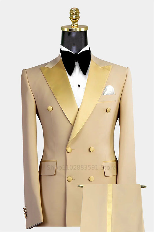 Men's Suit Double breasted Tuxedos Formal Slim Fit Notch Lapel Party Solid Groom Khaki Suits For Wedding 2 Pieces(Blazer+Pants)