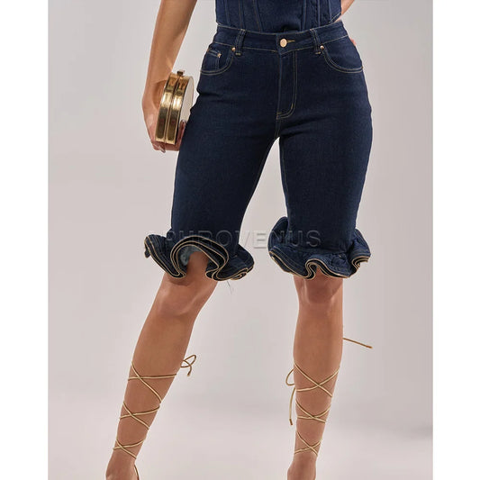 Wave Ruffle Hem Slim Denim Shorts Women Casual High Waist Slim Fit Ruffled Denim Shorts Fashion Slimming Streetwear