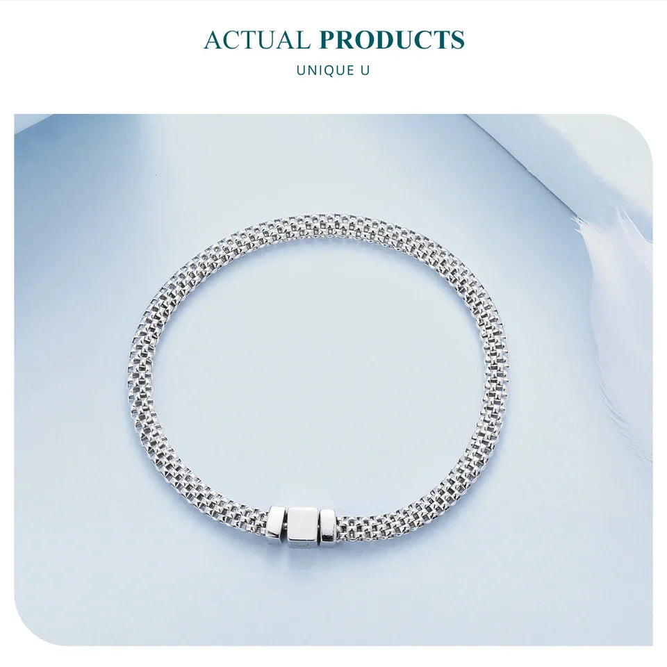 925 Sterling Silver Classic Square Buckle Bracelet Retro Braided Silver Chain Link for Women Platinum Plated Fine Jewelry