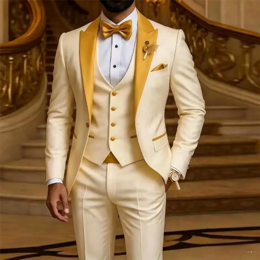 Gold Collar Ivory Men Wedding Suit Wedding Party Formal Groom Groomsman Prom Business Male Tuxedos 3 Piece Set Jacket +Vest+ Pan
