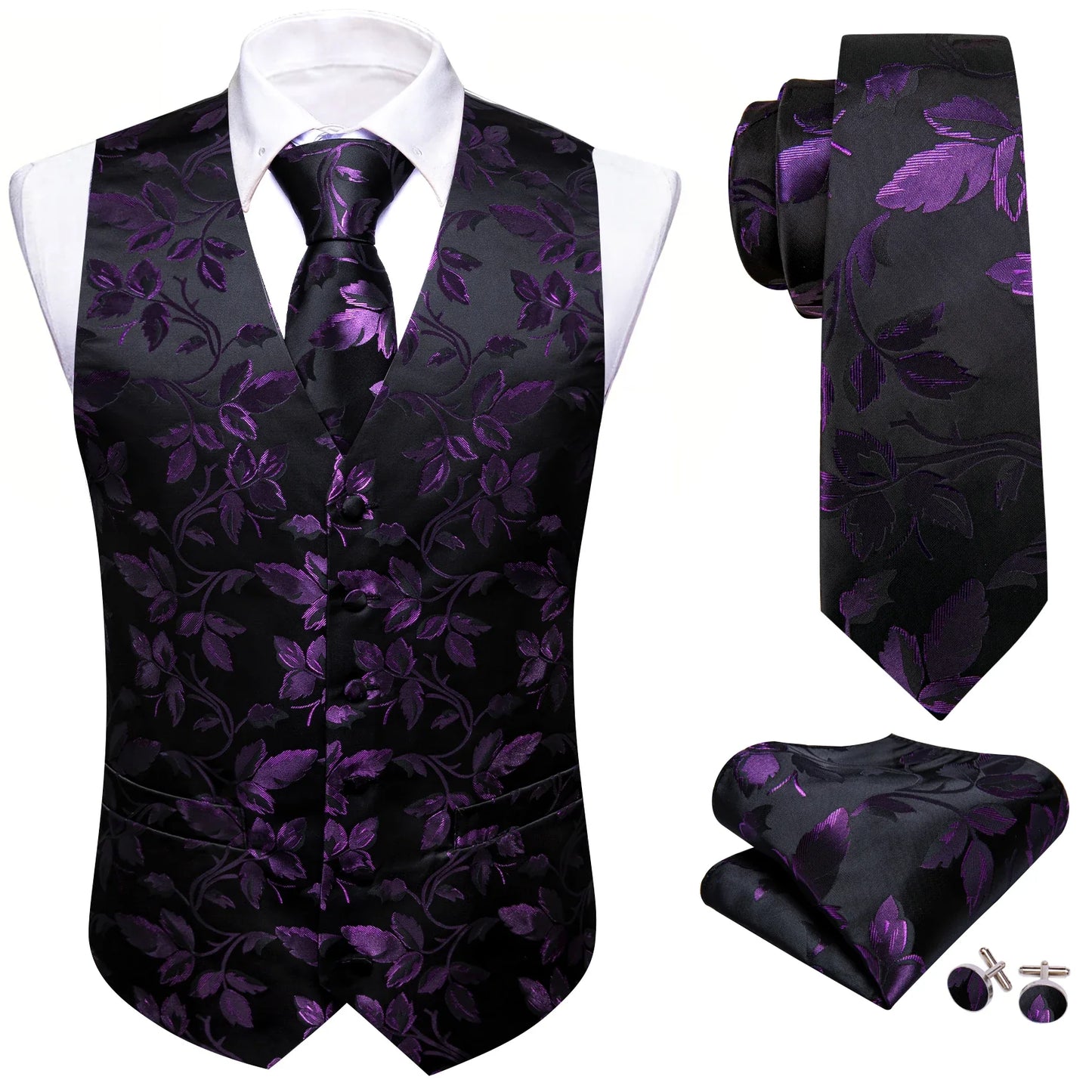 100 Colors Men Vest Tie Hanky Cufflinks Set Waistcoat Paisley Floral Jacquard Sleeveless Jacket Wedding Business