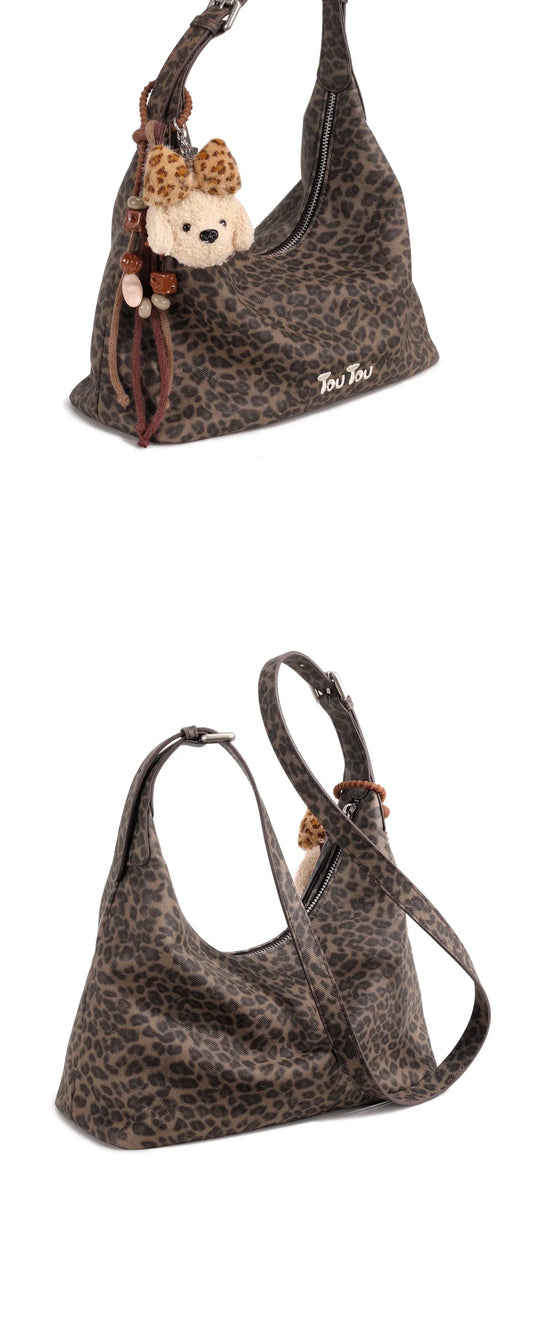 y2k leopard Print Shoulder Bag, Cute Puppy Pendant, Large Capacity Hobo Bag for Women's Casual Commute 3-Way Carry