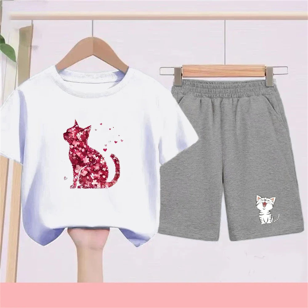 Summer Age 3-12 Girls boy cool breathable Tshirt Children T-shirt+bottom wear Set black 2pcs leisure Kids Set cat Print