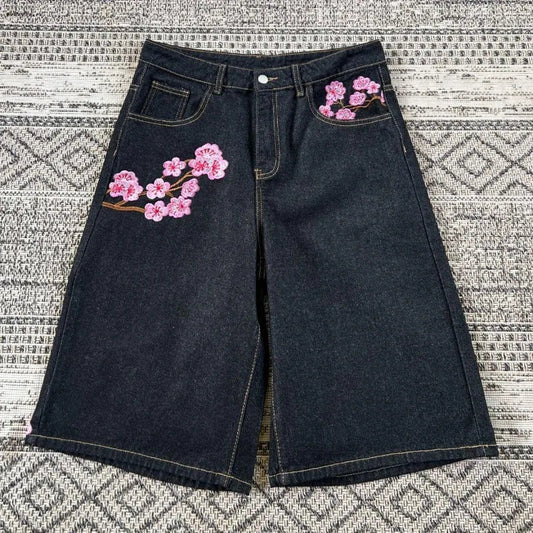 2026 American New Geometric Cherry Blossom Embroidery Wash Jeans Shorts Women Y2K Gothic Hip Hop Popular Casual Joker Shorts