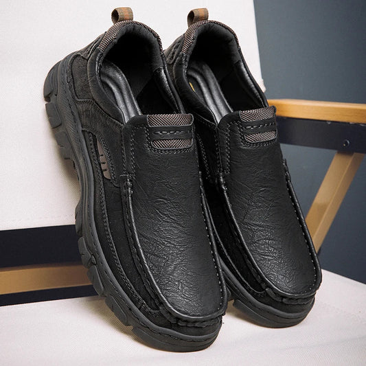 Men's Casual Loafers Handmade Breathable Leather Shoes with Thick Rubber Sole Comfortable Footwear Classic Hand Sewn Seams