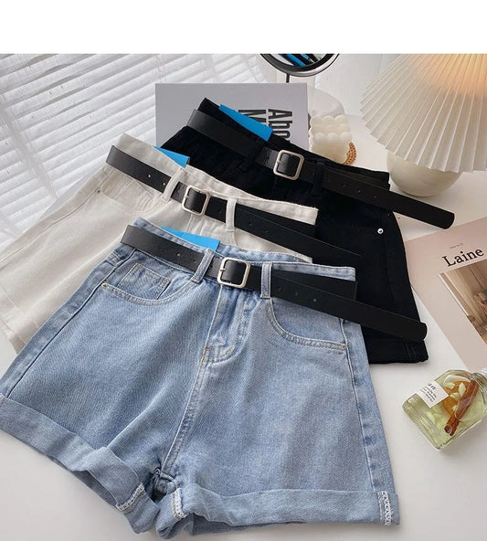 Wide Leg Denim Shorts With Belt Women Summer High Waist Pocket Hot Pants Streetwear Korean Fashion Casual Cowboy Jeans Shorts