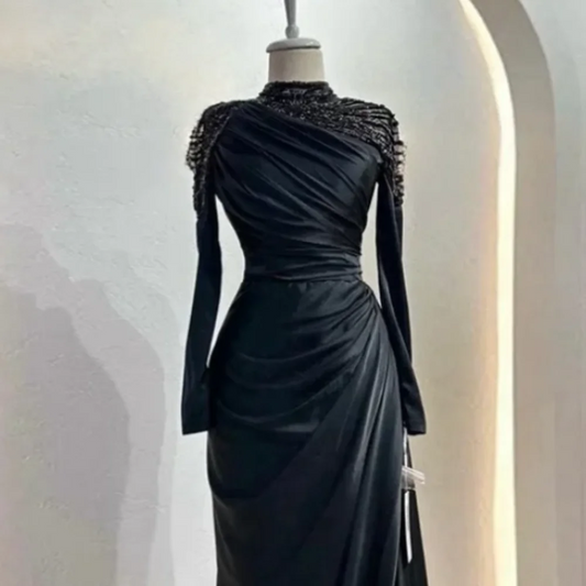 Customized Exquisite High Collar Sheath Evening Dresses Beading Fold s Vertically Hugging Floor length Prom فساتين سهره فاخره