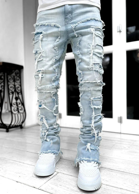 New European and American Heavyweight Streetwise Stretch Patch Jeans for Men, High Street Straight Fit Long Jeans16-3001
