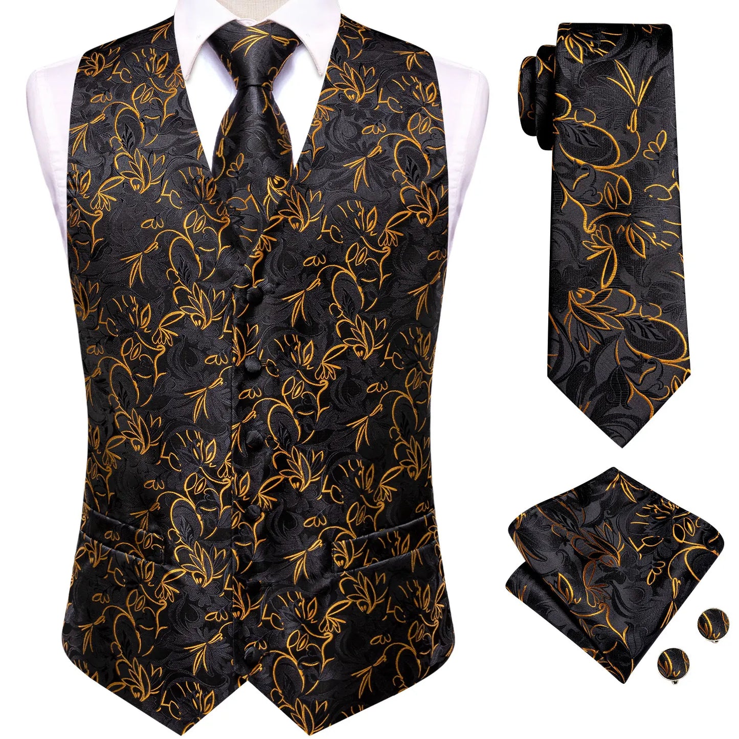 Fashion Silk Vest For Men Classic Gold Champane Yellow Waistcoat Jacket Tie Hankerchief Cufflinks Sets Dress Suit Wedding Hi-Tie