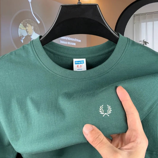 100% pure cotton high-end brand men's round neck short sleeved top summer fashion luxury wheat embroidery design casual T-shirt