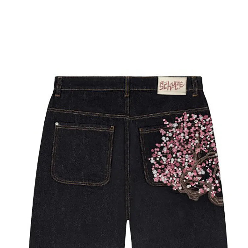 Autumn And Winter Men'S Jeans Japanese Korean Casual Straight Leg Pants Plum Blossom Embroidered Street Jeans Y2k Baggy Pants