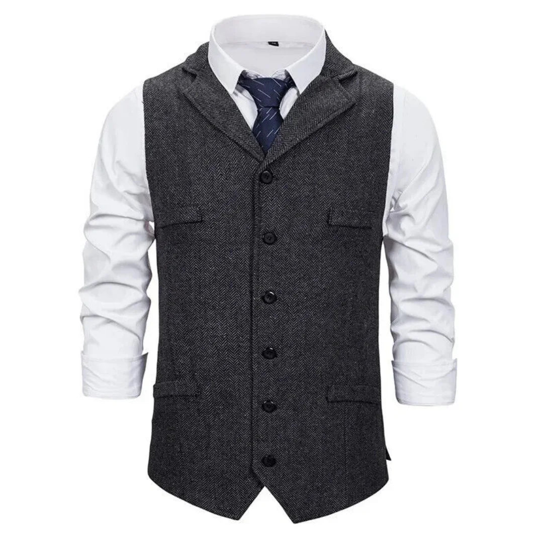 Men Vest Black Herringbone Single Button With Lapel Waistcoat For Wedding Banquet Business Office Work Casual Men Suit Vest