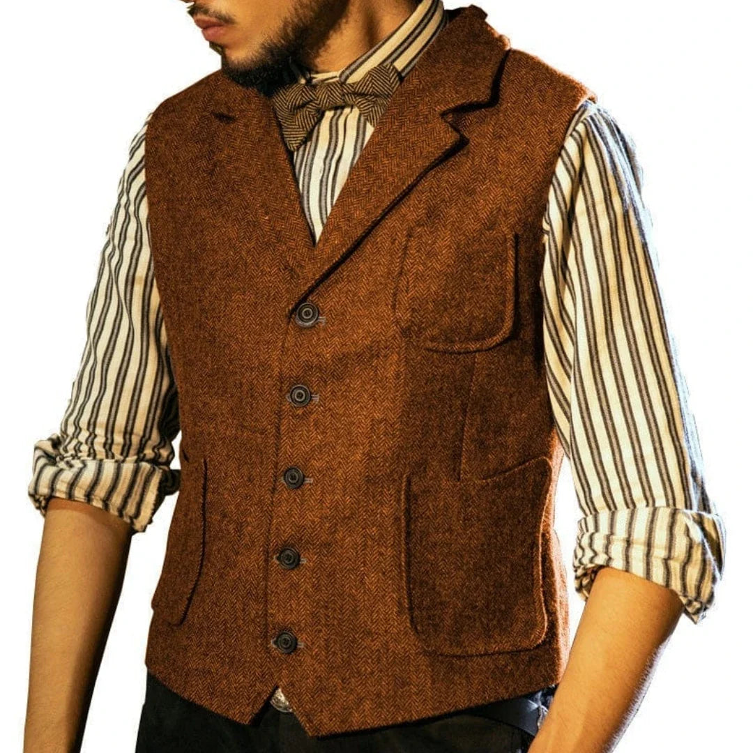 Men Vest Blue Herringbone Single Button With Lapel Pocket Waistcoat For Banquet Business Office Work Casual Daily Men Suit Vest
