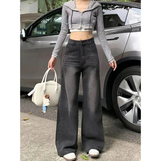 Casual High Waist Jeans Denim Loose Fit Personality Vintage Black Gray Straight Leg Wide Leg Trousers Women Women's pants