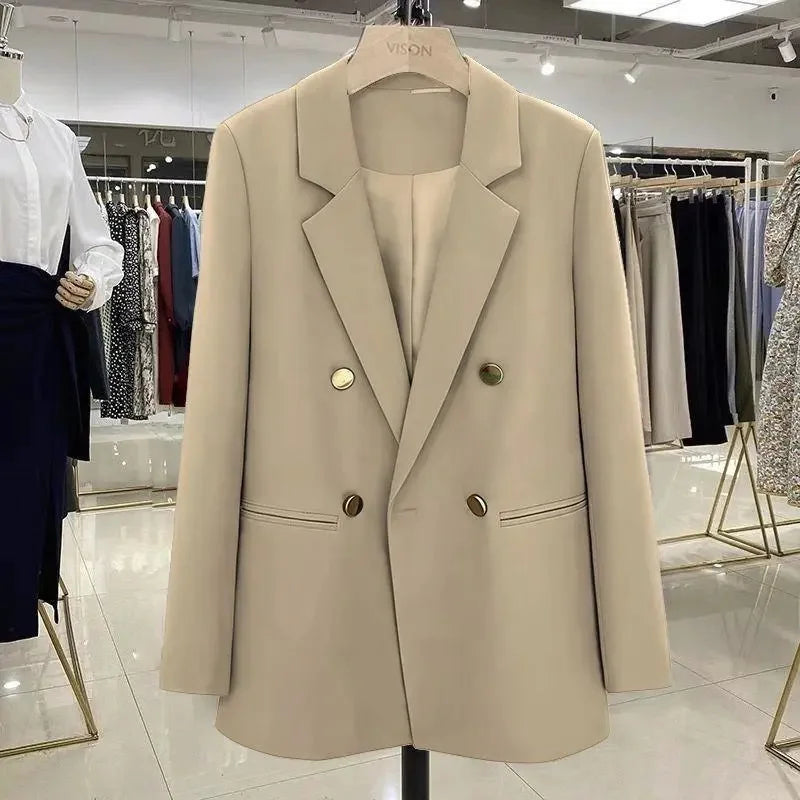 Blazer Woman Autumn Spring Long Sleeve Double Breatsed Lapel Loose Coat Slim Casual Jackets Office Ladies Vintage Blazers