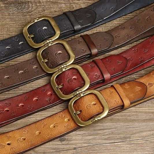 3.8CM Pure Cowhide High Quality Genuine Leather Belts for Men Embossing Strap Male Copper Buckle Luxury Designer Jeans Cowboy