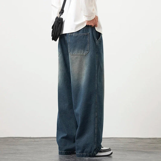 Plus Size M-8XL Baggy Jeans Men's Blue Black Streetwear Elastic Waist Y2K Trousers Fashion Straight Leisure Wide Denim Pants