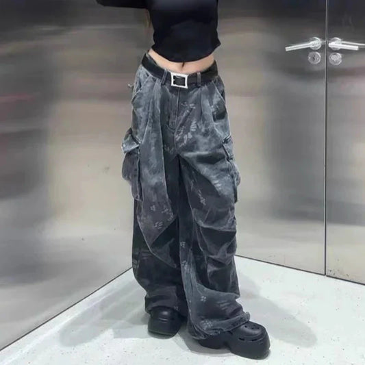 Loose Pocket Jeans Womens Cargo Workwear Camouflage American Style 2025 Autumn Winter High Waist Straight Leg Casual Pants