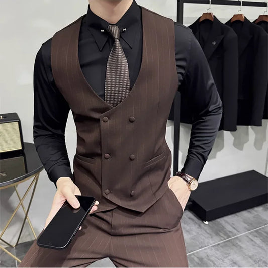 British Style Double-breasted Striped Vest With Pants Men Business Slim Fit Suit Vest 2 pieces Formal Groom Wedding Dress Vest
