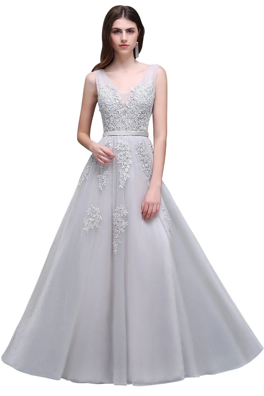 Women Burgundy Evening Dress Lace Appliques Tulle V-Neck Sexy Backless Prom Dresses A-Line Floor-Length Sleeveless Party Vestido
