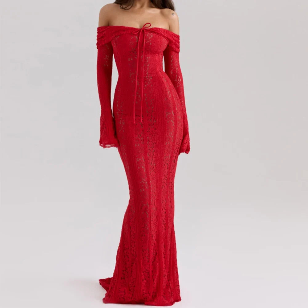 Elegant Off The Shoulder Bodycon Dress 2024 New in White Flare Sleeve Lace Maxi Dress Wedding Guest Dress for Women