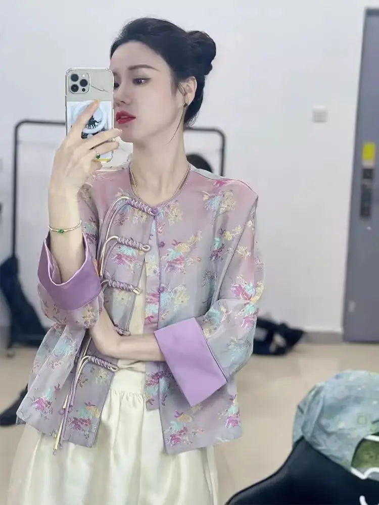 Print Top 2024 New Chinese Style Women's Purple Youth Edition Short Stand Collar Button Coat Women's Spring Autumn Style Elegant