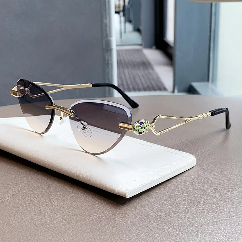 Rimless Cut Edge Cat Eye Sunglasses Gem Inlay Hollow Metal Temple UV400 Gradient Lens Shades for Women Daily Outdoor Sun Glasses