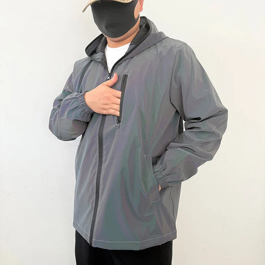 Men's Night Reflective Windproof Hooded Jacket Hip-hop Streetwear Couple Trend Coat for Outdoor Cycling Jogging Safety Clothing