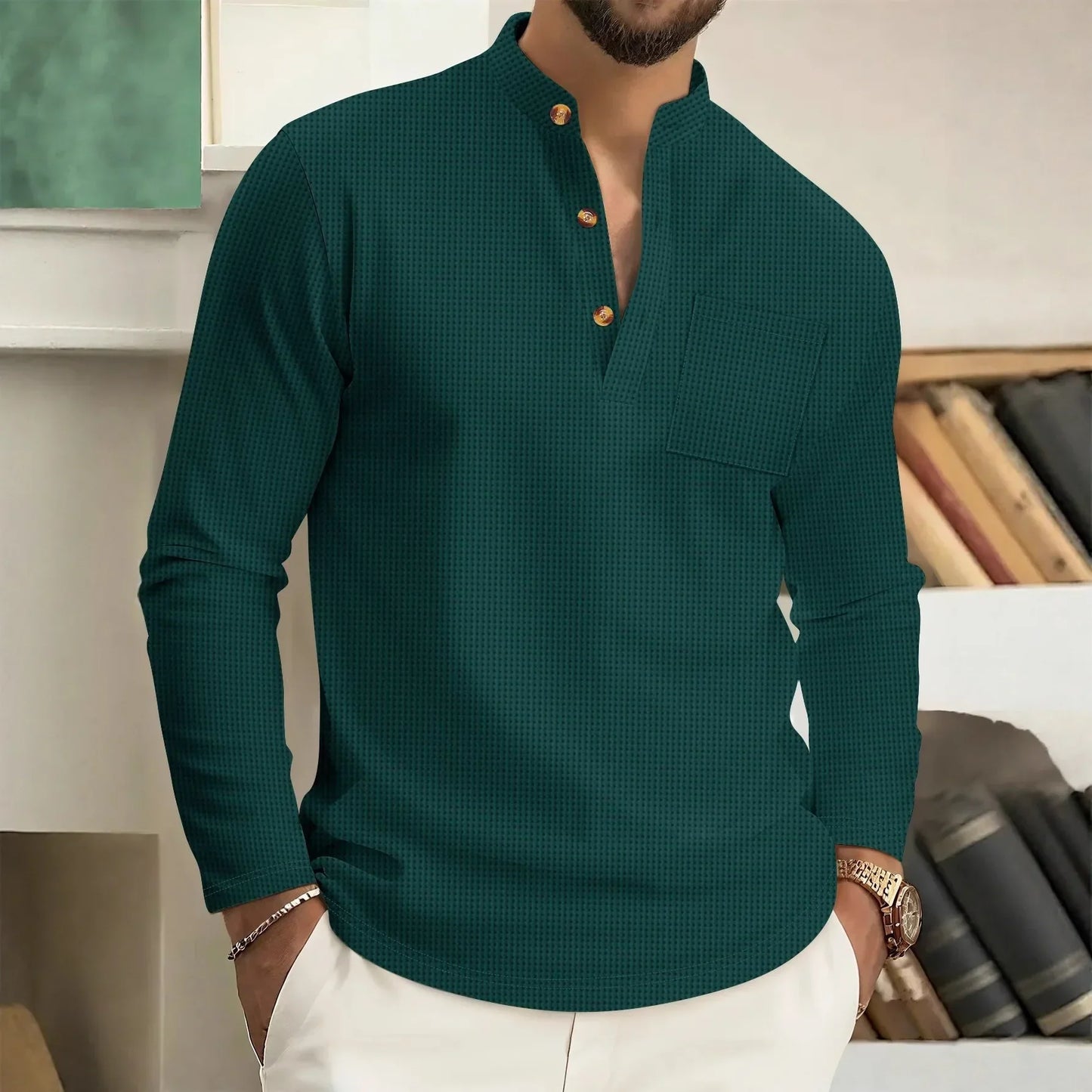Men's casual waffle check long-sleeved shirt stand-up collar button semi-cardigan breathable and comfortable daily wear shirt