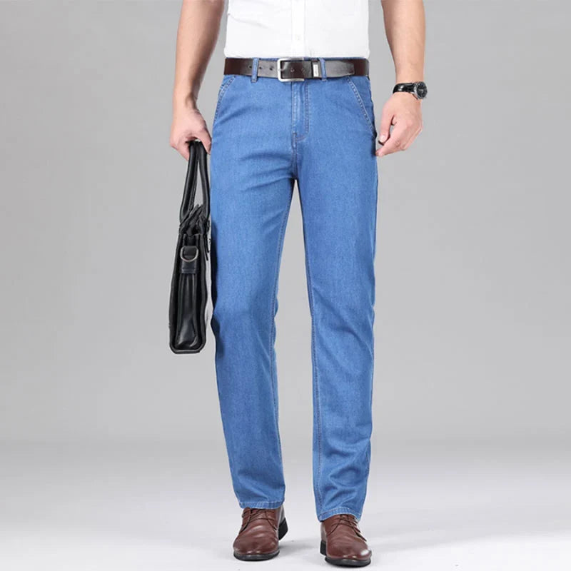 New Lyocell Fabric Jeans Men Summer Thin Business Straight Leg Loose Trousers Men's Casual Long Pants Large Size