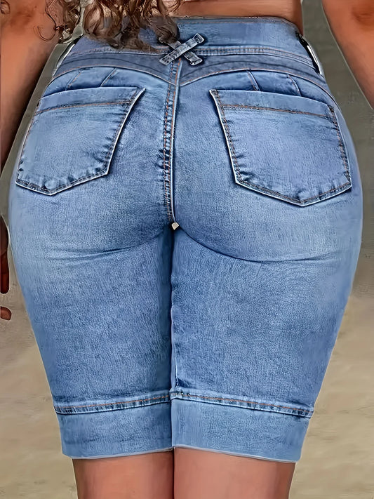 Ladies' Blue Double-Buckle Waist Slim Fit Jeans