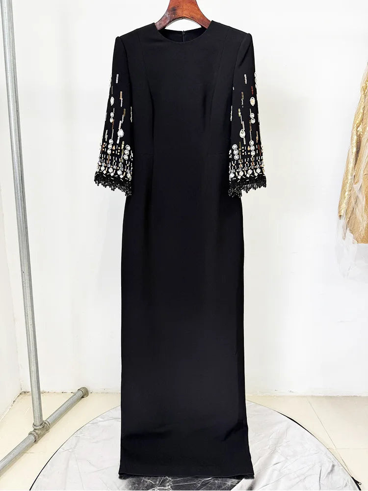 HIGH STREET Newest Fashion 2026 S/S Designer Vestido Women's Half Sleeve Stunning Beaded Long Maxi Dress
