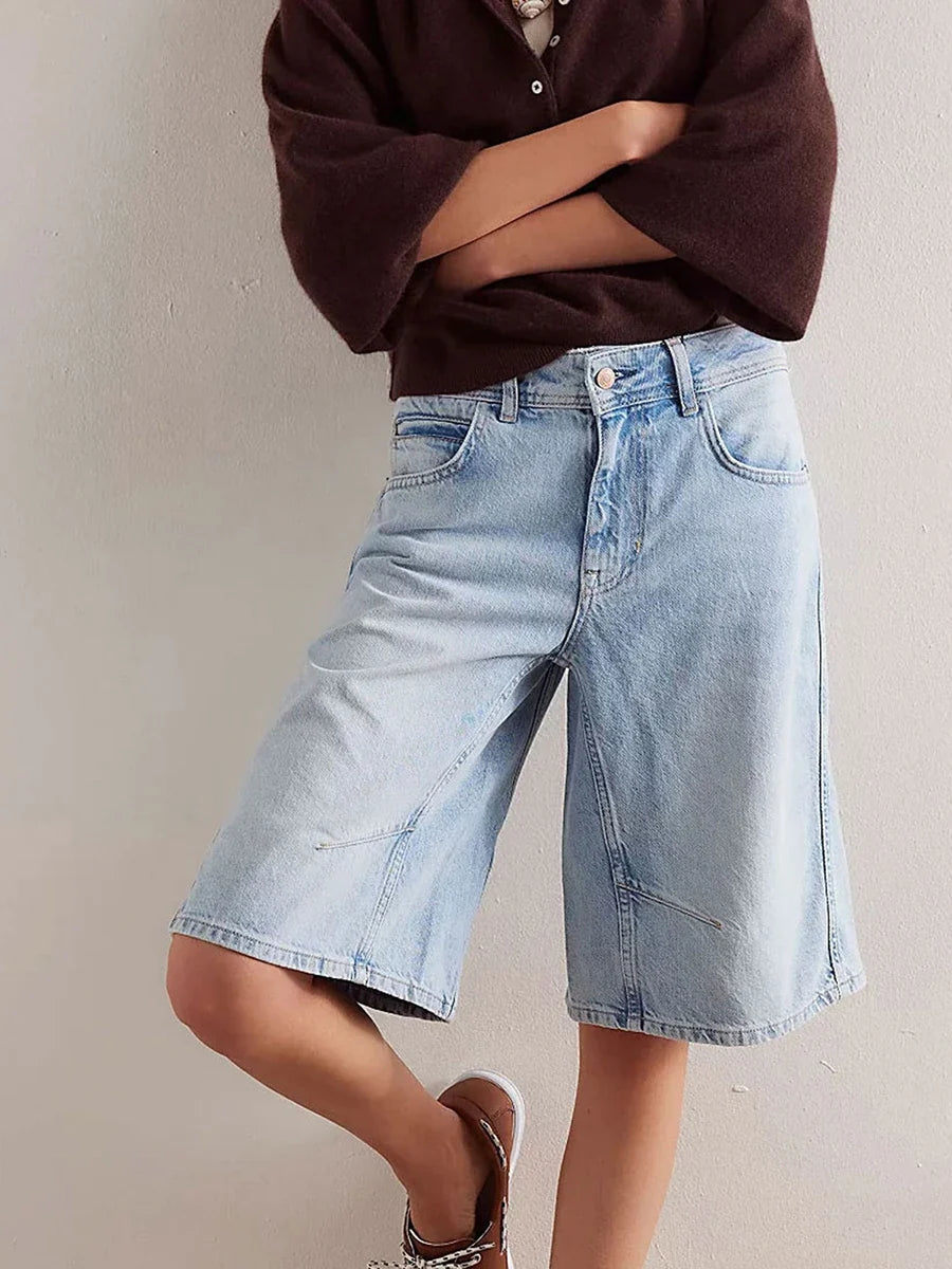 New Womens Knee Length Denim Shorts Solid Color Low Waist Wide Leg Jean Shorts For Summer Club Street Style S-2XL