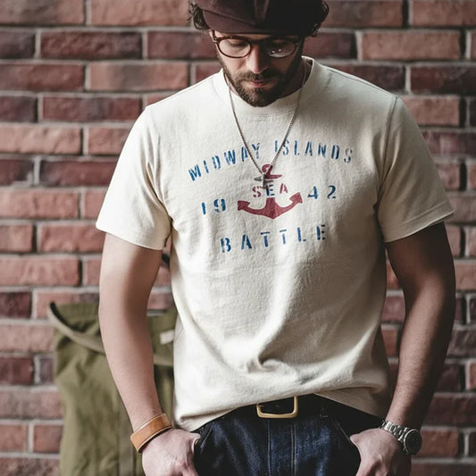 Vintage Letter Print Cotton Short Sleeve T-Shirt Men's Summer Loose Fit Ribbed Crew Neck Tee Casual Street Tops for Daily