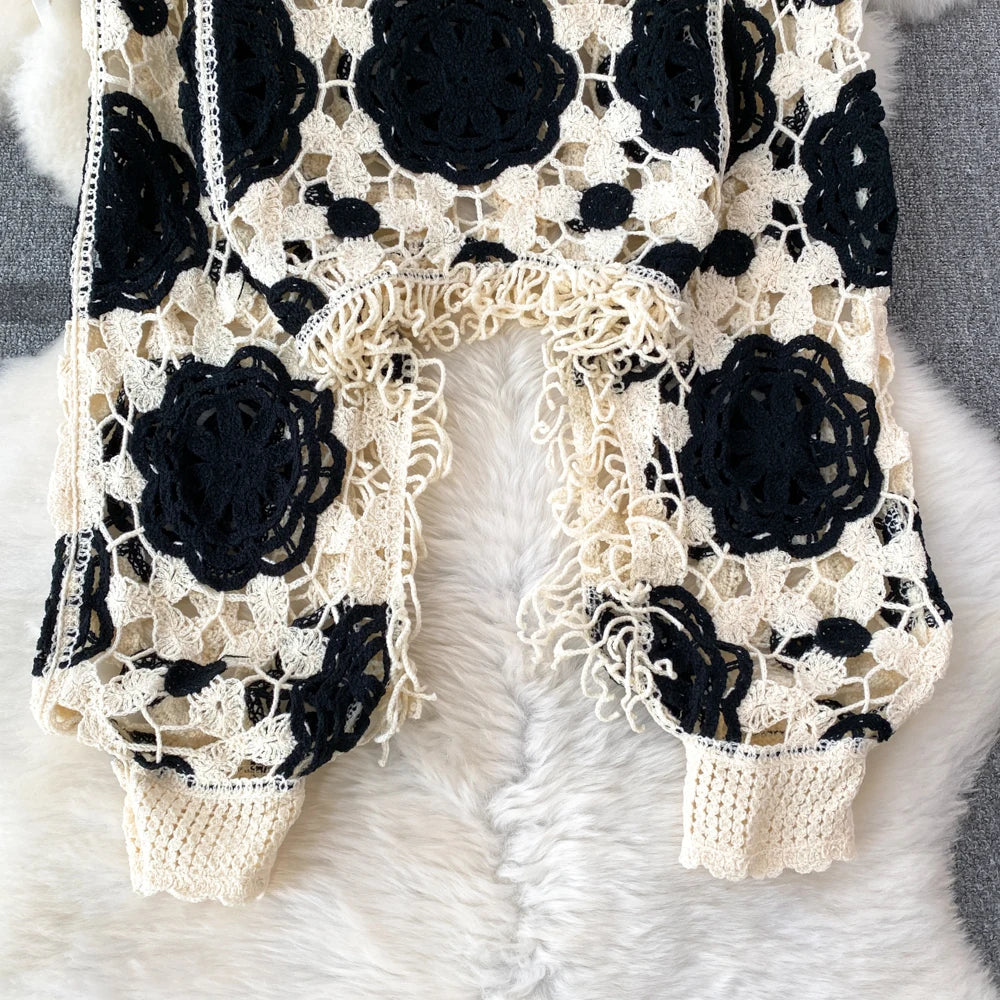 Hook Flower Hollow Out Tops Women Long Lantern Sleeves Tassels Vintage Bohemian Loose Beachwear Hotsweet Knit Blouse