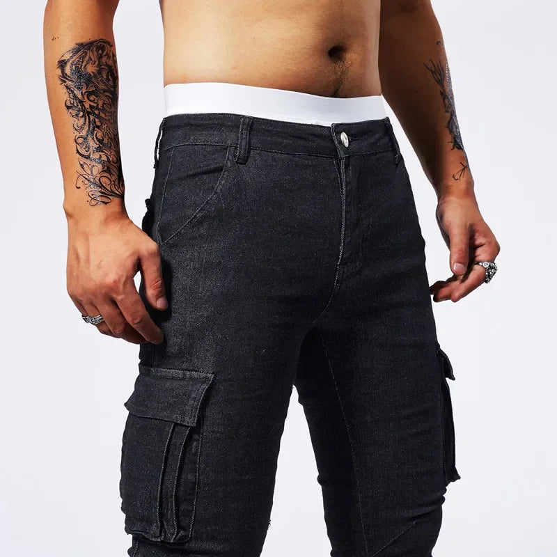 Slim Fit Large Pocket Jeans Cargo Pants for Men Fashionable Casual Hip Hop Stretch Denim Long Pants Male Streetwear Track Pants