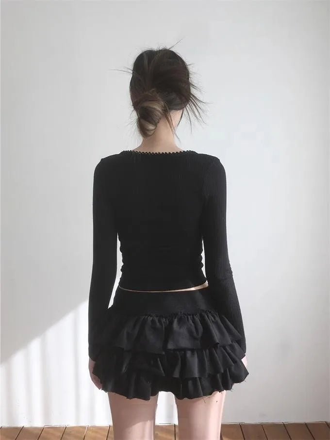Y2k Lolita Mini Cake Skirt Soft Girl low Waist Ruffle Fluffy Fairy Skirts Summer Kawaii Cute Elegant Short Skirt Black