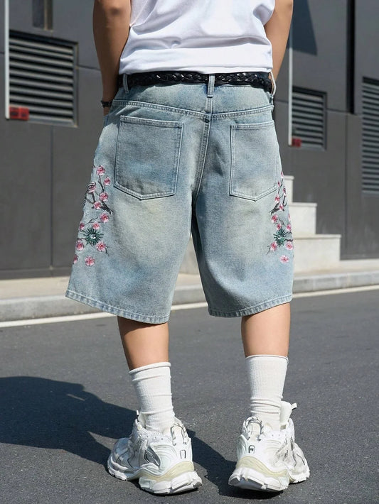 Men's Light Blue Cherry Blossom Embroidered Denim Shorts, Loose Wide-Leg Streetwear Trendy Denim Capris