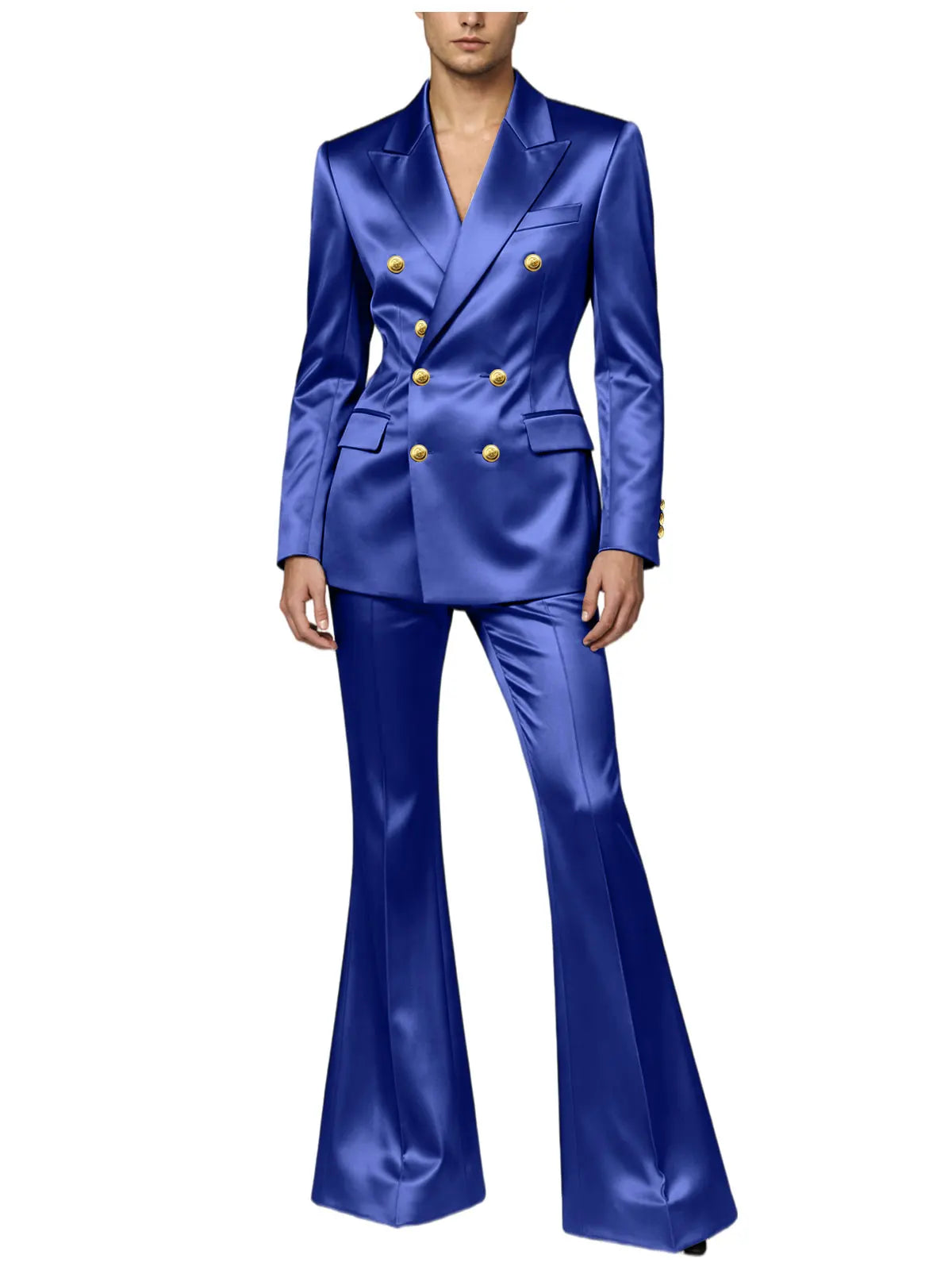 Men's Double Breasted Satin Suit Set 2 Piece Notch Lapel Gold Button Blazer Flare Pants Formal Wedding Prom Party Groom Outfit