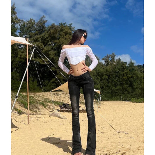 SHECI Karrram Vintage Distressed Low Waist Jeans Asymmetrical Waist Denim Pant Korean Fashion Black Flare Jeans Kpop Streetwear