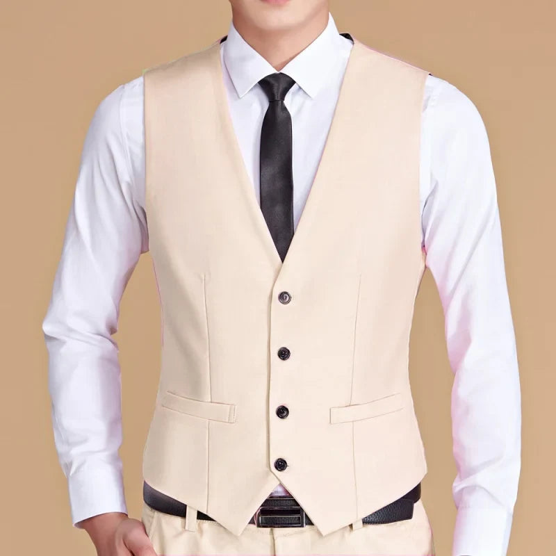 Men Vest White V Neck Solid Single Button Slim Business Formal Waistcoat Tweed Sleeveless Men Suit Vest