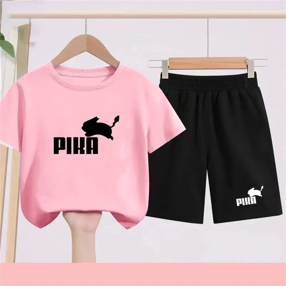 Summer Rabbit Graphics Boys Black Girls Pink Age 3-12 Tee+Shorts Suit Children Short Sleeve T-shirts Child Casual Clothes
