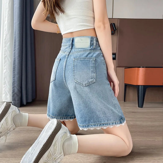2026 Summer Women's High Waist Denim Shorts, Light Blue Lace Trim. Loose Fit, Slimming & Hide Leg Flaws