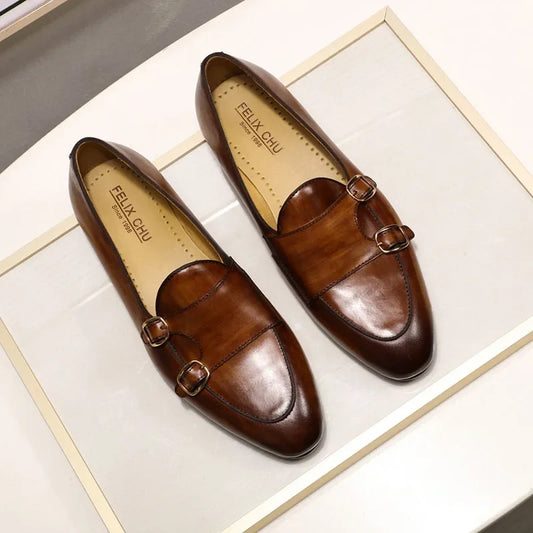Men's Genuine Leather Loafers Handmade Monk Strap Casual Dress Shoes for Wedding Party Summer Autumn Footwear