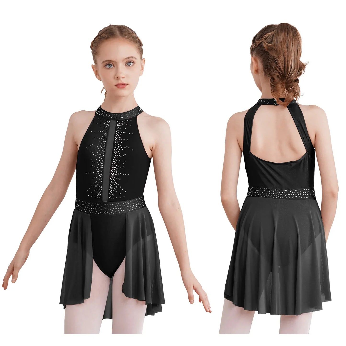 Kids Girls Gymnastics Figure Skating Ballet Lyrical Dance Costume Dress Side Split Sheer Mesh Ruched Glittery Rhinestones Dress