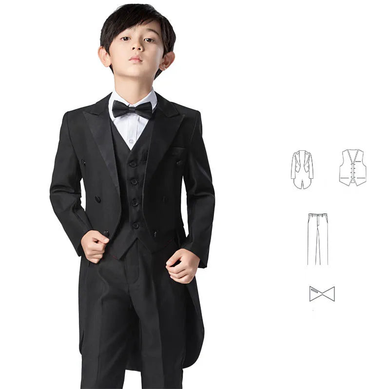 Boys Black Long Tuxedo Dress Jacket Vest Pants Photography Suit Children Luxurious Piano Performance Costume Kids Wedding Wear