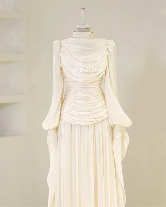Customized Modern Style Intricate Pleat Ruched Draped A-line High Collar Long Dresses Bespoke Occasion Dresses Sizes Available