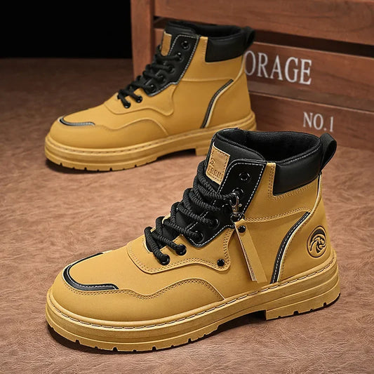 Men Boots Autumn High Top British Korean Thick Soled Platform Comfortable Non Slip Short Boots Outdoor Lace Up Cotton Boots 202